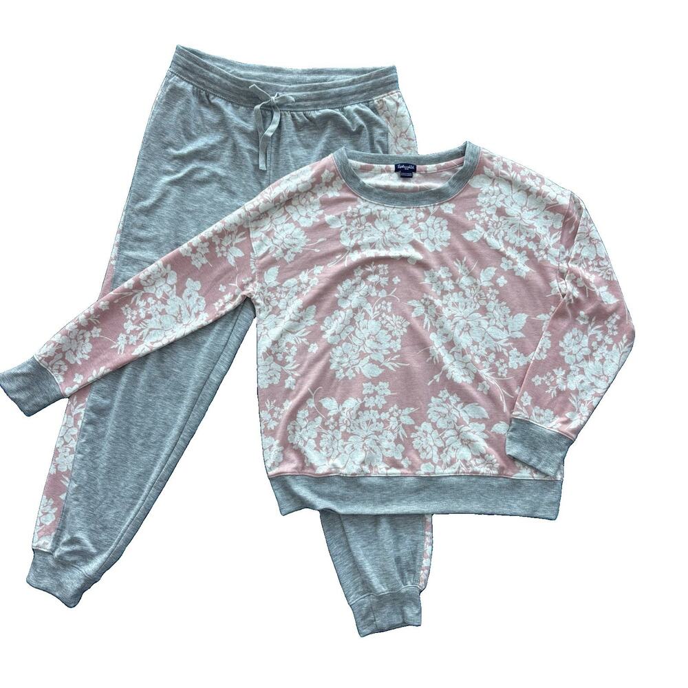 Splendid Size Medium Two Piece Athleisure Set Gray Floral Pink Print